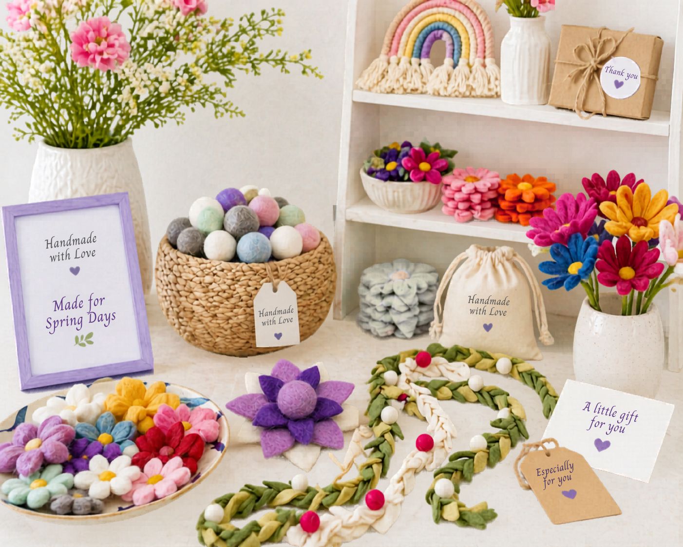 Finished spring retail display featuring layered felt decor and giftable accessories